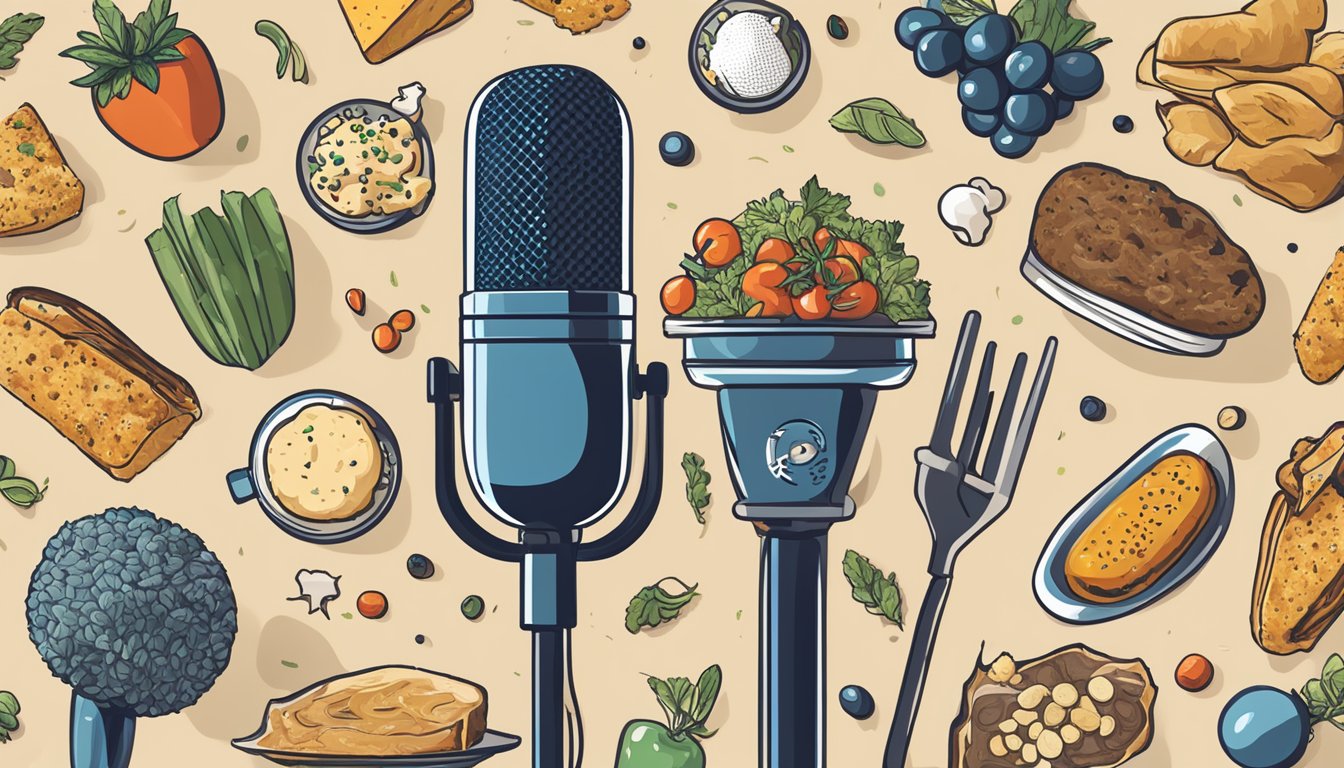 A microphone surrounded by various Texas food items, with podcast logos in the background