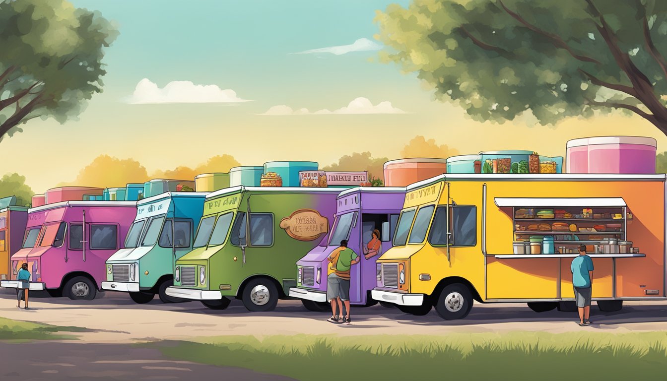 A row of colorful food trucks with unique designs, surrounded by hungry customers enjoying unforgettable Texas eats from Micklethwait Craft Meats