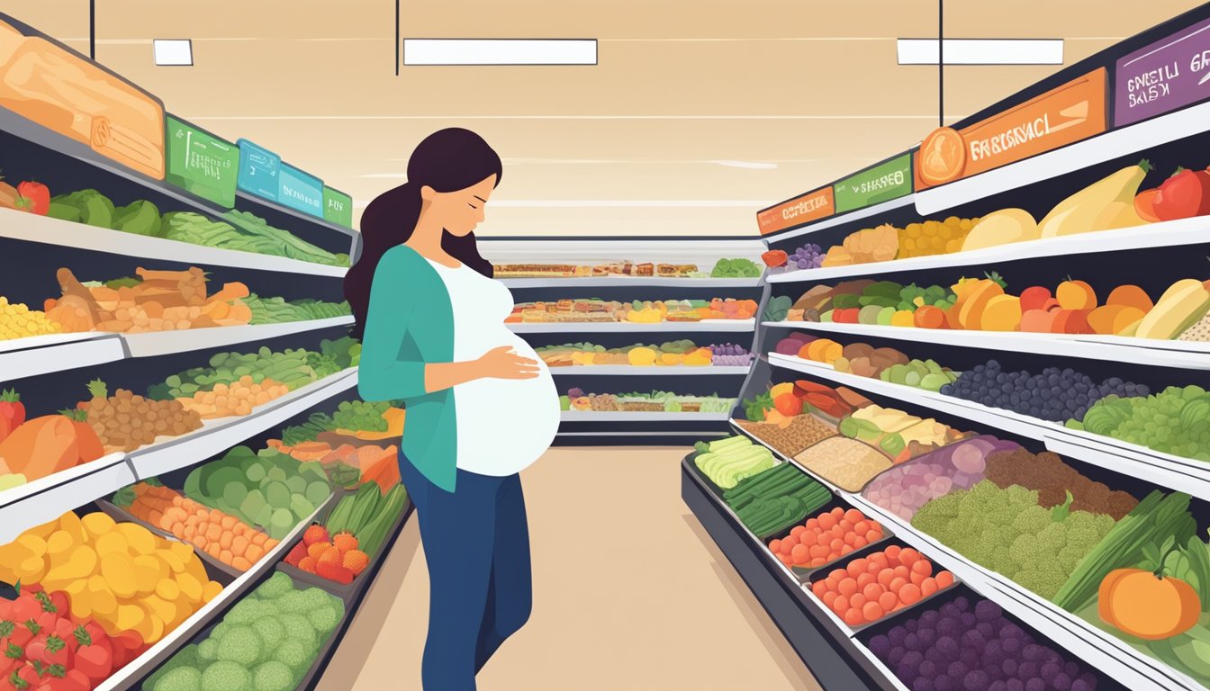 A pregnant woman carefully selecting low glycemic foods at a grocery store, surrounded by colorful fruits, vegetables, and whole grains