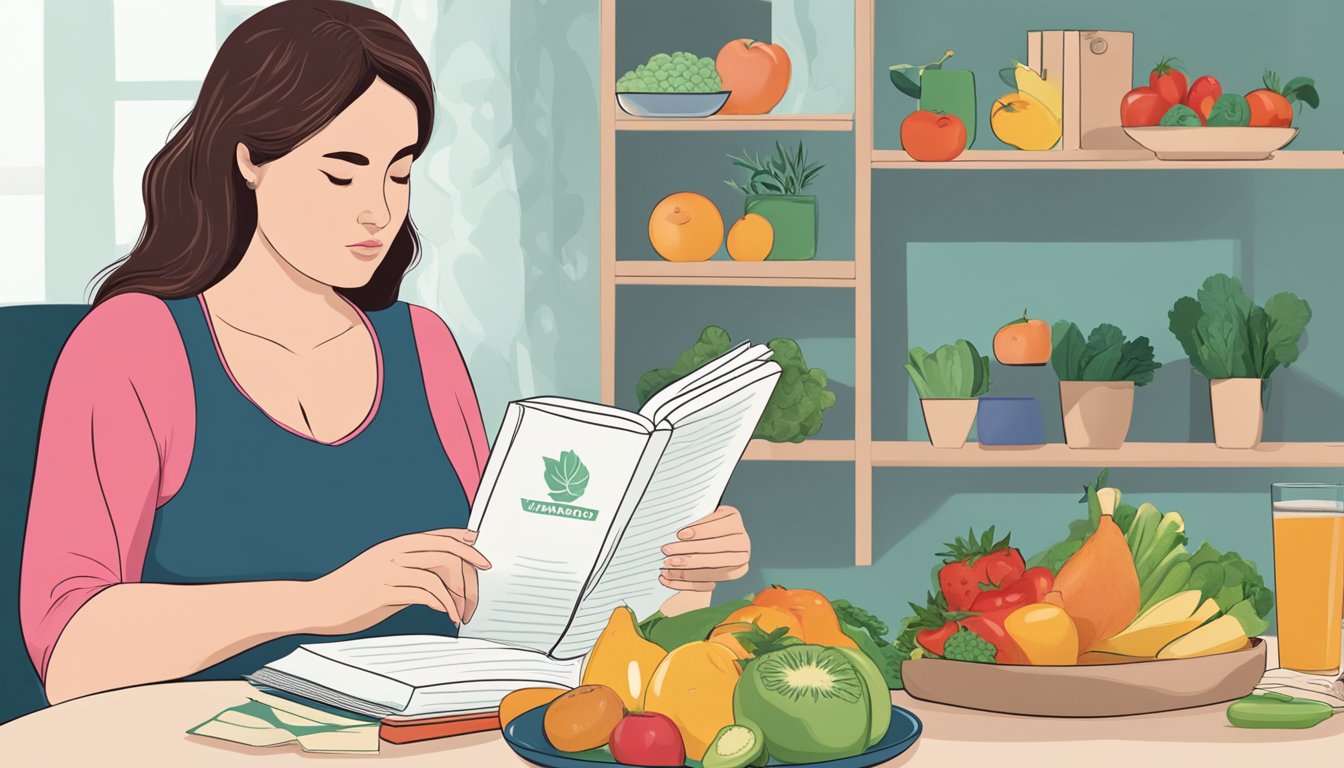 A pregnant woman sits at a table, surrounded by healthy foods. She looks at a book titled "Warrior Diet" with a concerned expression