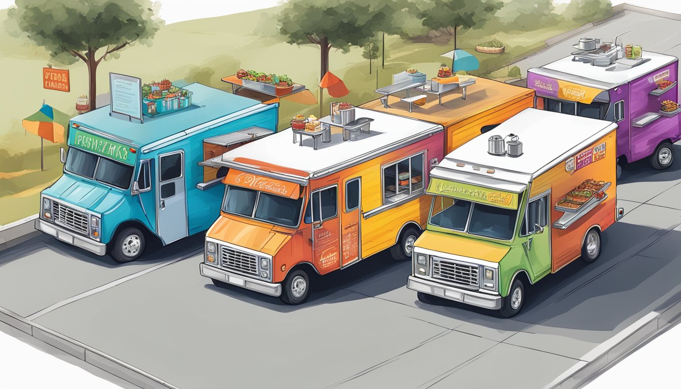 Five colorful food trucks lined up, each with its own unique design and serving mouthwatering Texas BBQ and other unforgettable eats