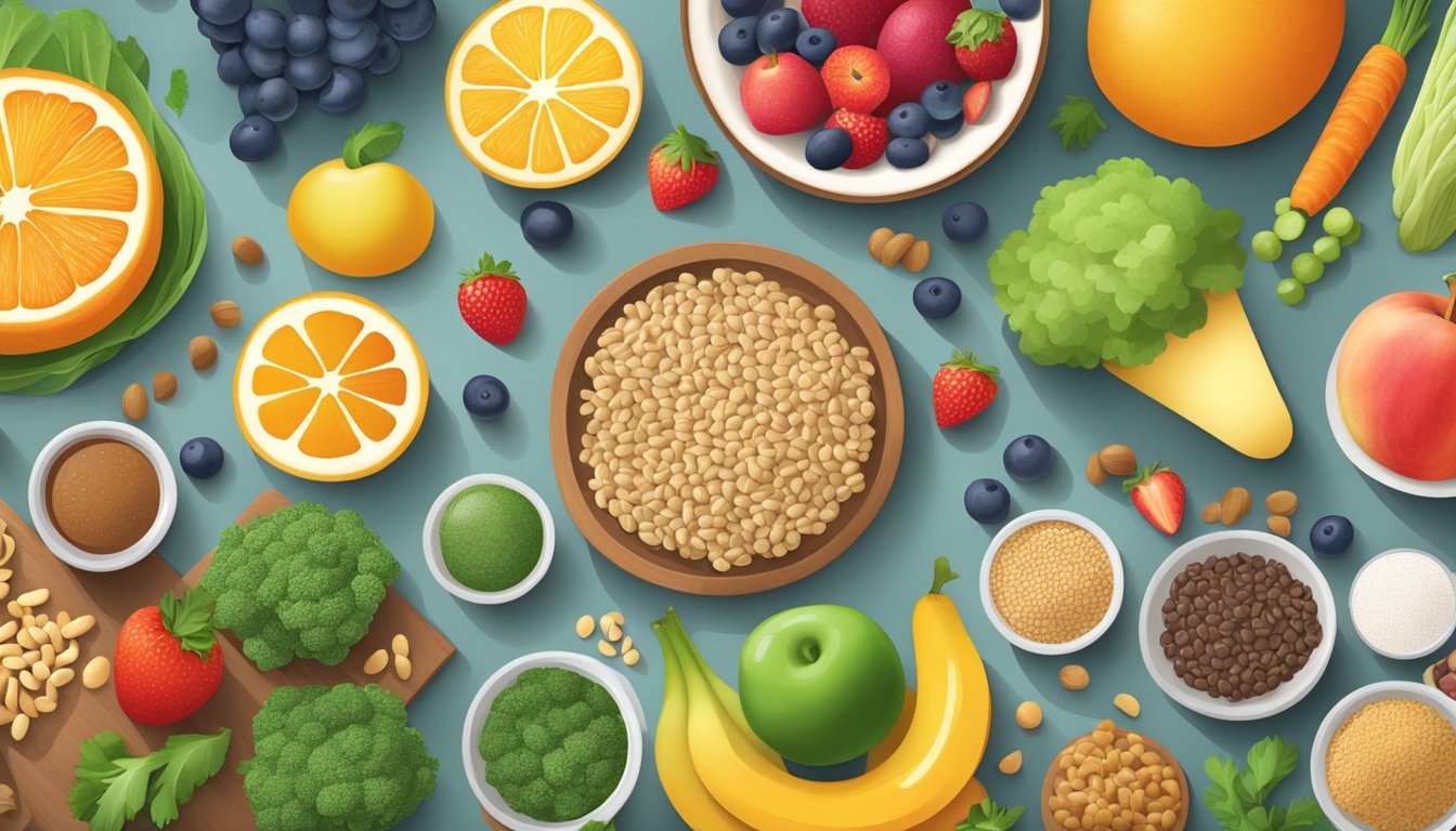 A variety of low glycemic foods and substances arranged on a table, including fruits, vegetables, whole grains, and lean proteins