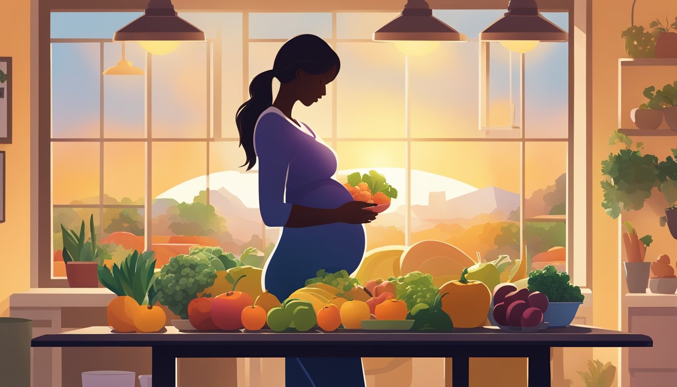 A pregnant woman's silhouette stands before a table of fruits, vegetables, and lean proteins. The sun sets in the background, casting a warm glow over the scene