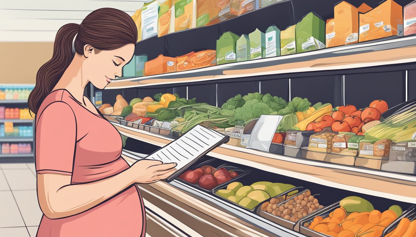 A pregnant woman carefully selecting low glycemic foods at the grocery store, with a list of practical tips and lifestyle adjustments in hand