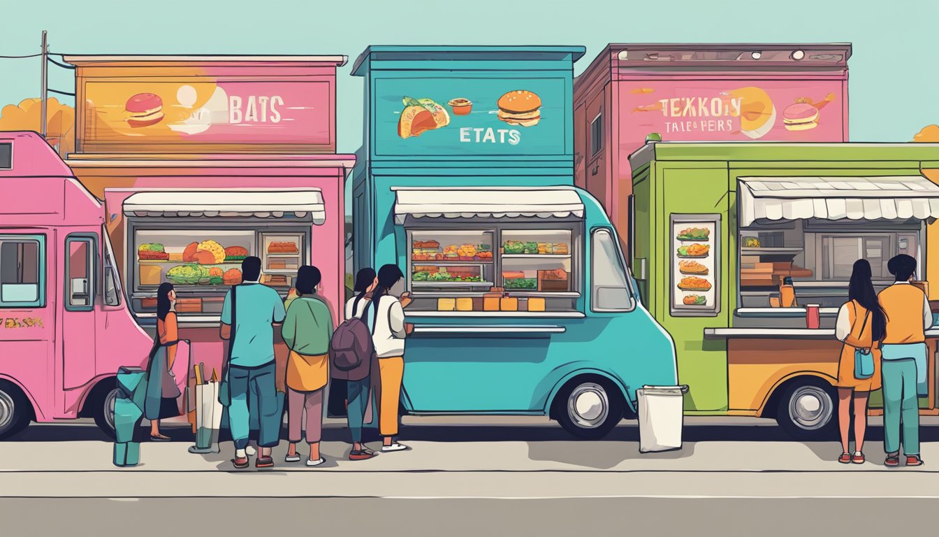 A row of vibrant food trucks with Japanese-themed decor and colorful signage. Customers line up for unique Texas eats