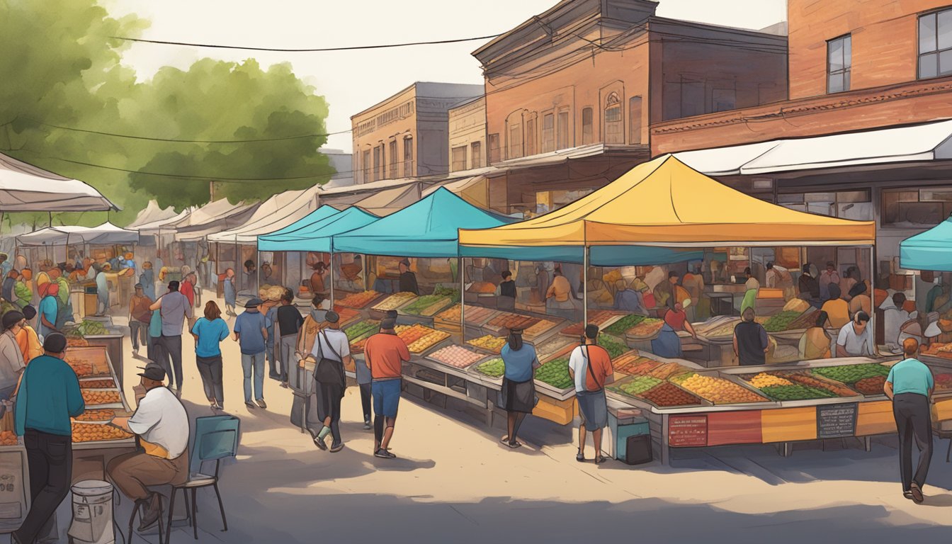 A bustling outdoor market with a colorful array of food stalls, showcasing sizzling brisket tacos at Pecan Lodge in Dallas