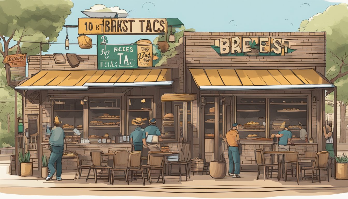 A rustic barbecue joint with a bustling outdoor patio, smoke billowing from the pit, and a sign declaring "10 best places for brisket tacos in Texas."