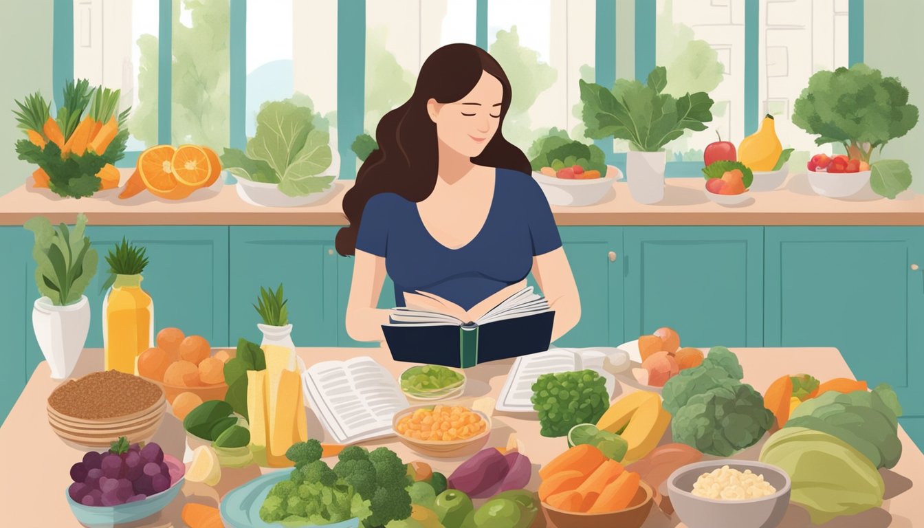 A pregnant woman sitting at a table surrounded by healthy food options, reading a book about pregnancy nutrition while considering the Shangri La diet