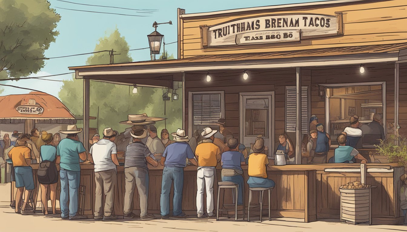 A rustic Texas BBQ joint with a sign reading "Truth BBQ, Brenham" and a line of customers eagerly waiting for their famous brisket tacos