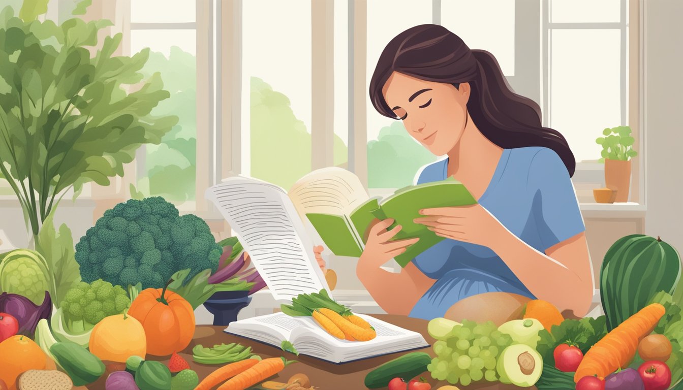 A pregnant woman reading a book on the Shangri La diet while surrounded by fruits and vegetables, with a doctor's pamphlet on pregnancy risks and benefits nearby