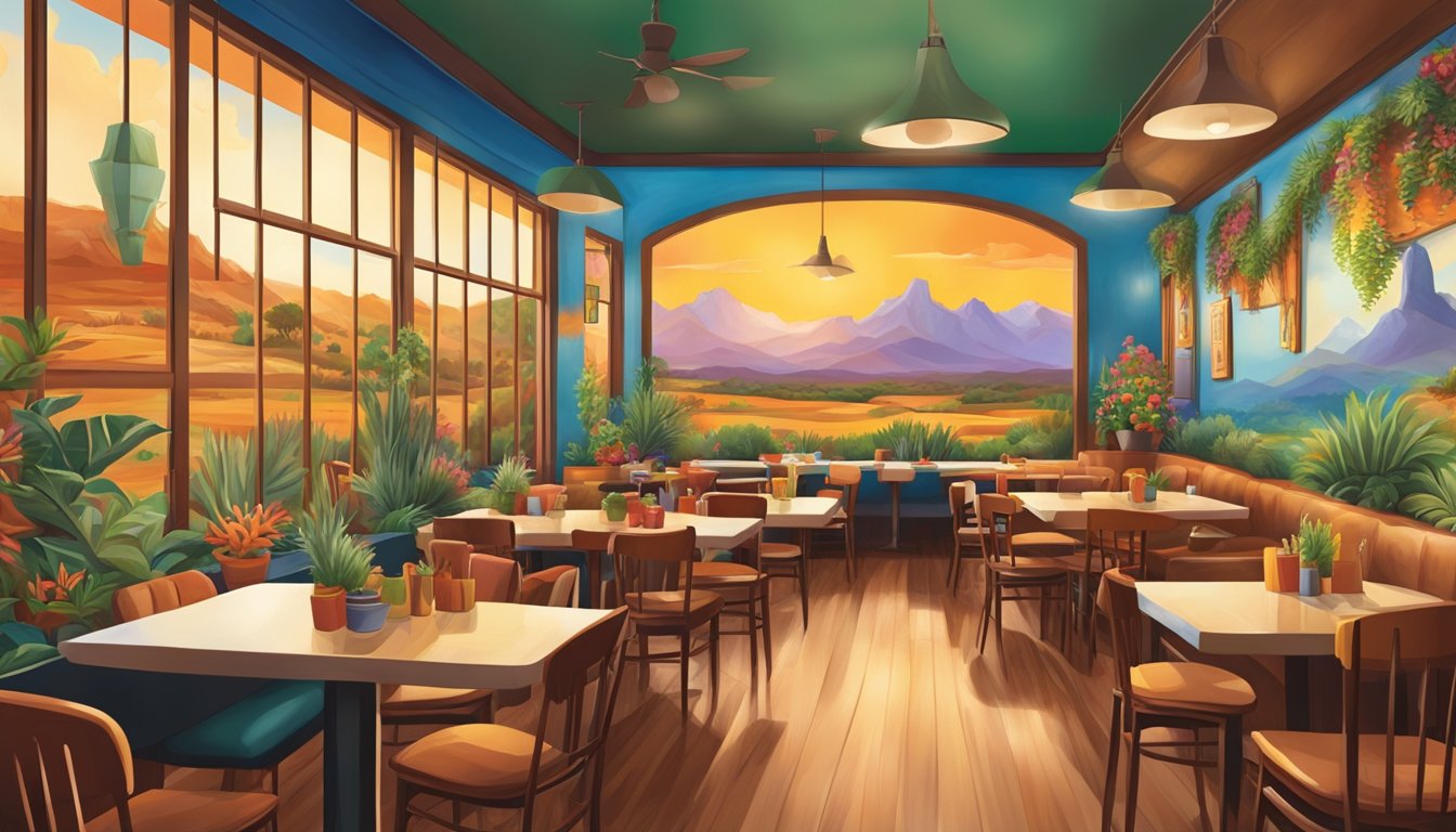 A colorful restaurant interior with a vibrant mural of Texas landscapes, tables set with plates of enchiladas, and a bustling atmosphere