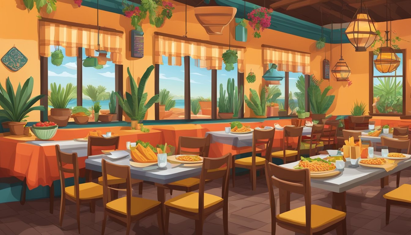 A colorful restaurant interior with a bustling atmosphere, featuring a table set with a variety of enchiladas and traditional Tex-Mex decor