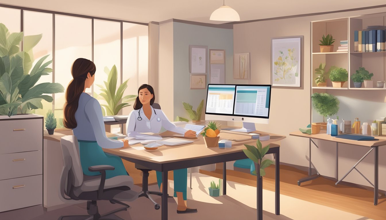 A pregnant woman consults a healthcare professional about the Shangri-La diet in a cozy office with a desk, chair, and medical equipment