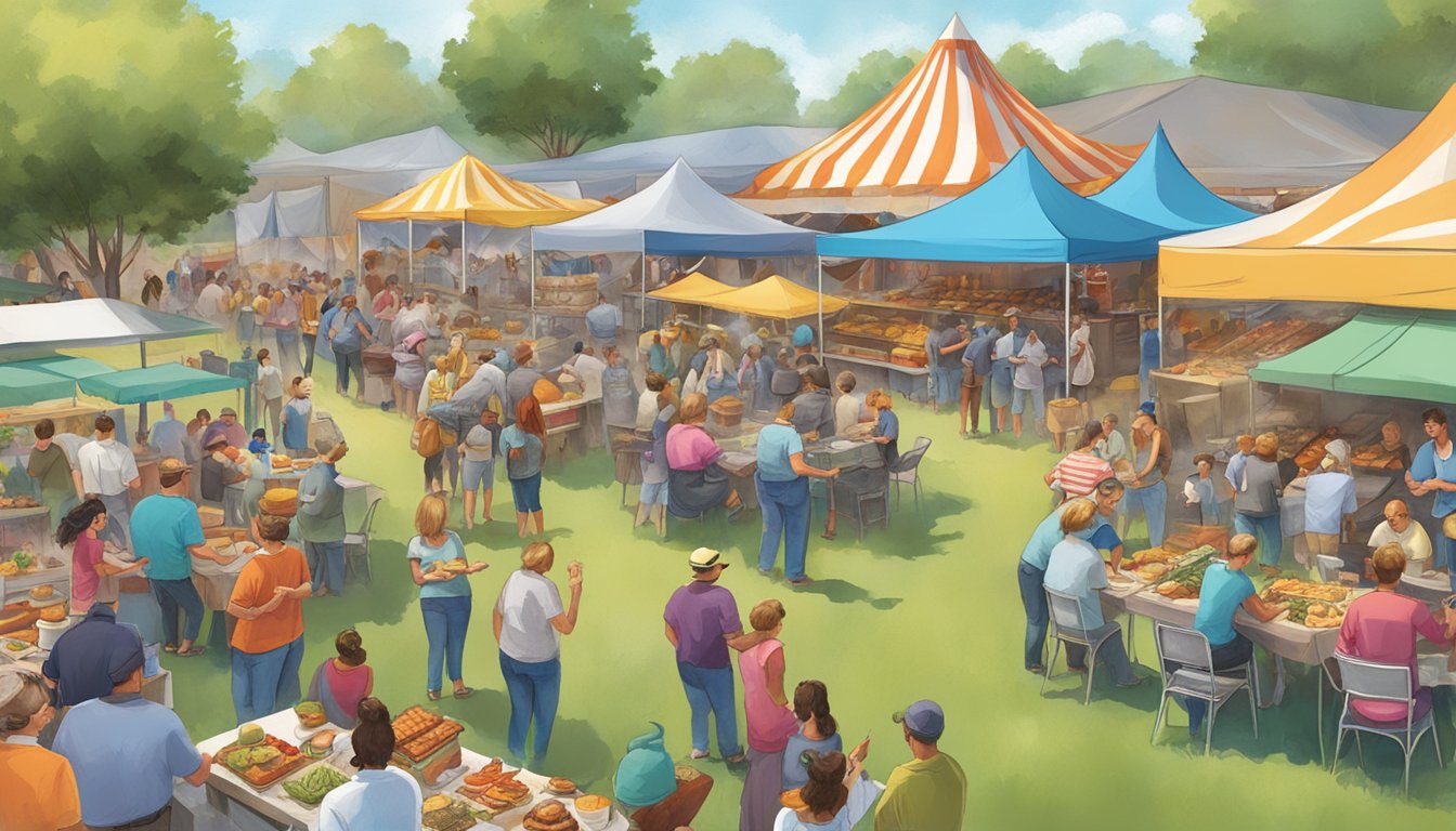 A bustling outdoor event with colorful tents, smoke rising from barbecue grills, and a lively crowd sampling and judging various Texas food entries