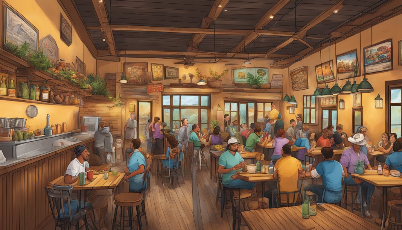 A rustic Texan restaurant with a sizzling grill, adorned with colorful ingredients, and a line of hungry patrons eagerly awaiting their brisket tacos