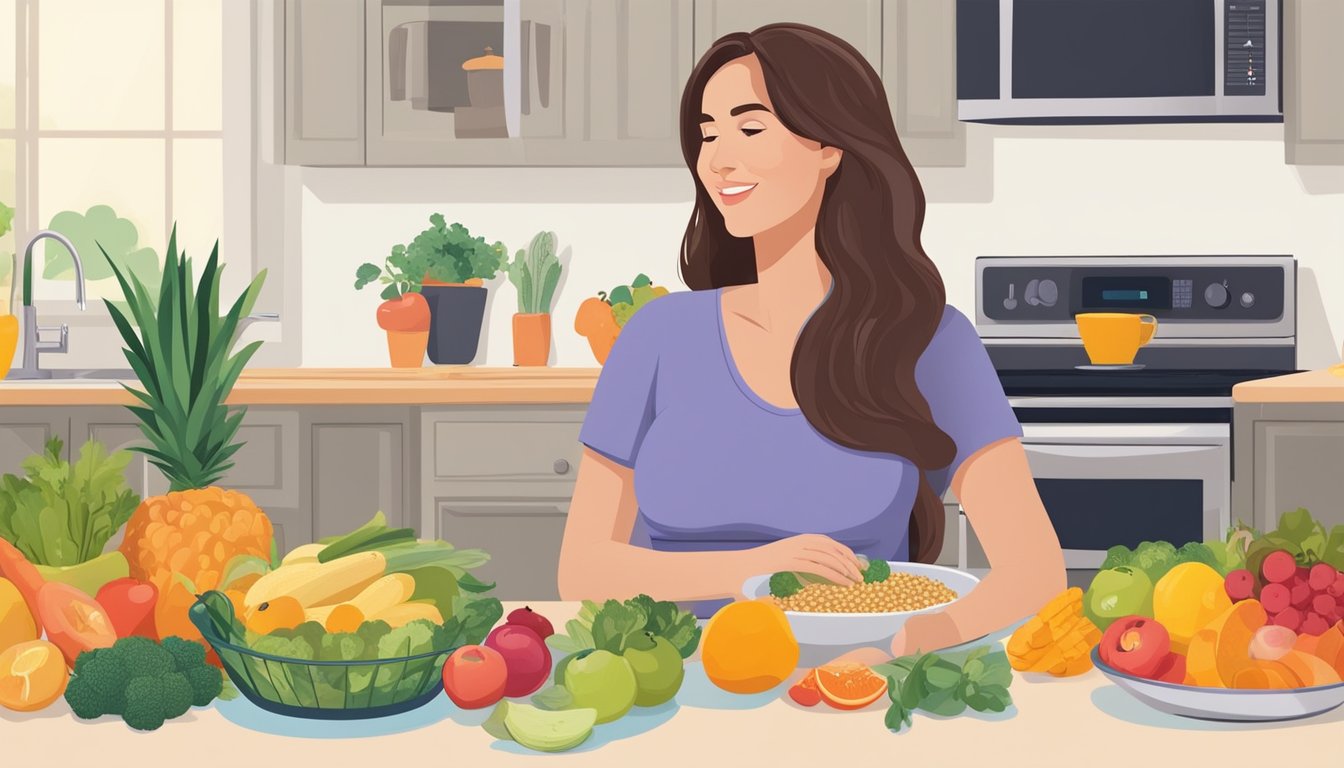 A pregnant woman sitting at a kitchen table, surrounded by a variety of colorful fruits, vegetables, and grains. A meal planner and a book on healthy eating are also on the table