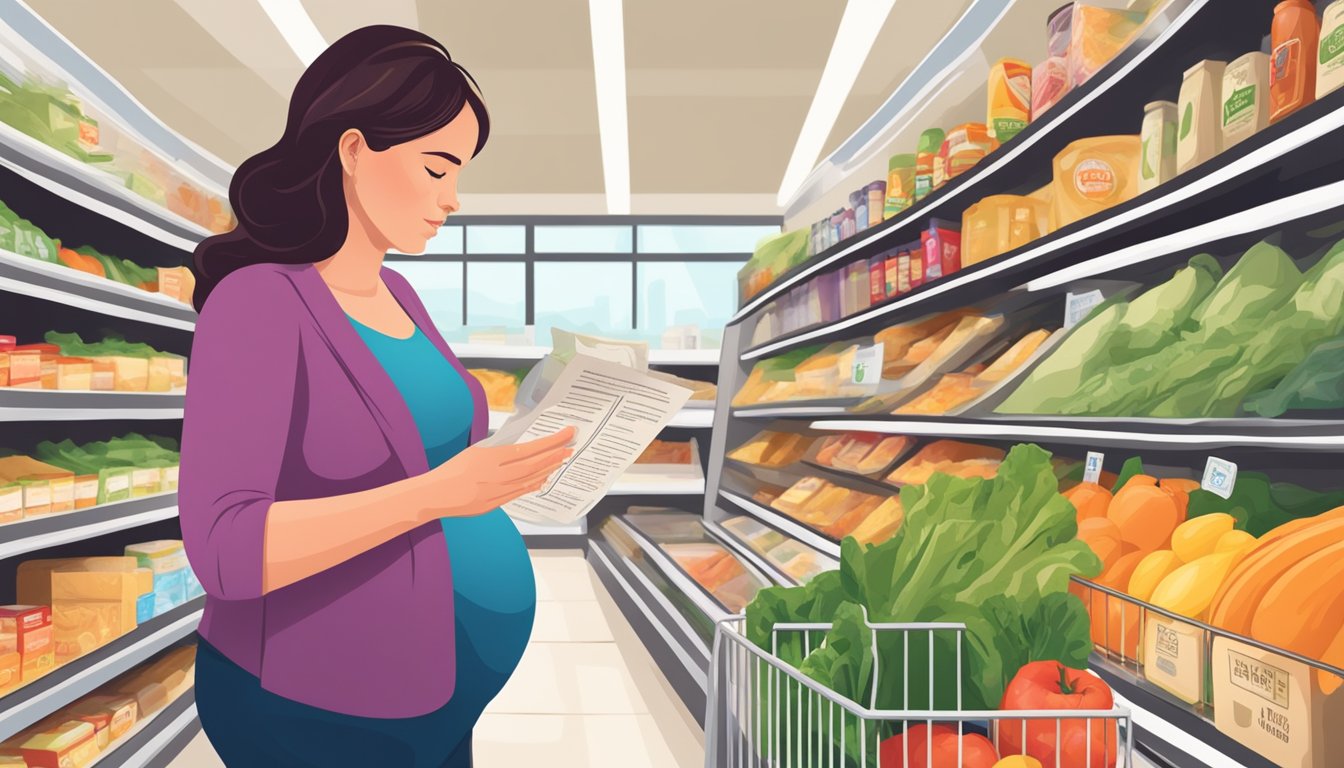 A pregnant woman carefully reading food labels while grocery shopping, considering her Feingold diet restrictions