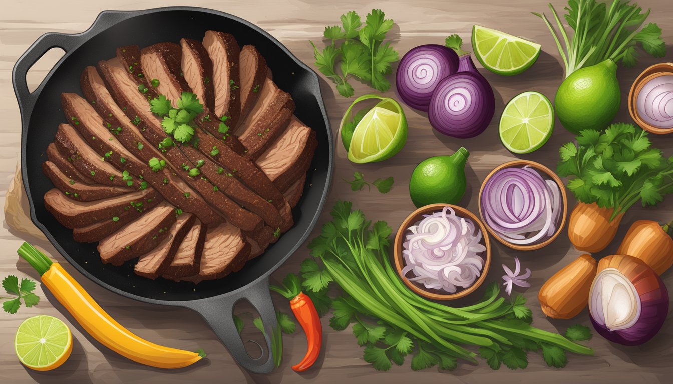 A sizzling skillet of tender, smoky brisket, surrounded by vibrant, fresh ingredients like cilantro, onions, and lime, evoking the authentic flavors of Texas