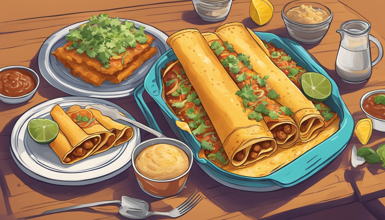 A colorful array of enchiladas on a table, surrounded by Texas landmarks and symbols