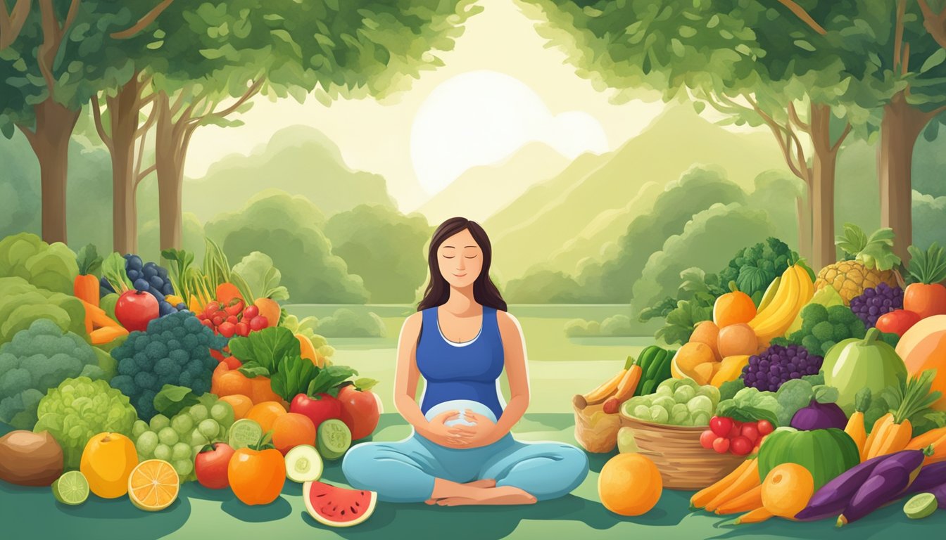 A pregnant woman peacefully meditates in a serene garden, surrounded by healthy fruits and vegetables. She practices safe exercise and weight management while following the Shangri La diet