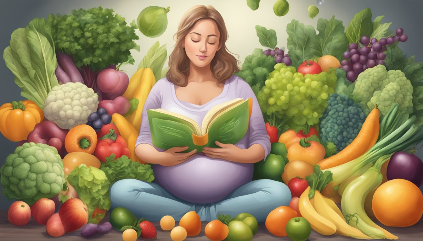 A pregnant woman holding a variety of fruits and vegetables while reading a book about the Feingold diet, with a fetus in utero surrounded by a protective bubble