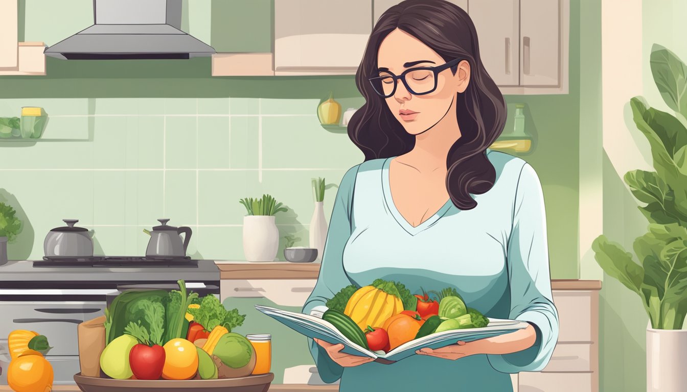 A pregnant woman reading a book on food safety while holding a plate of fresh fruits and vegetables, with a concerned expression on her face