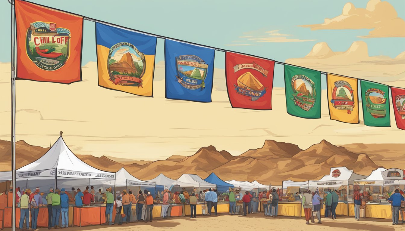 A colorful array of chili cook-off contestants' booths at the Terlingua International Chili Championship, with banners and flags flying