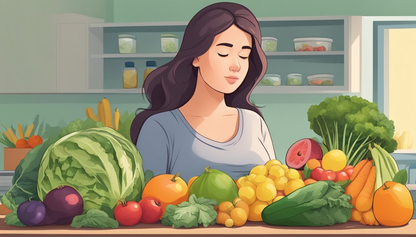 A pregnant woman carefully inspecting a variety of fruits and vegetables for freshness and cleanliness, with a concerned expression on her face