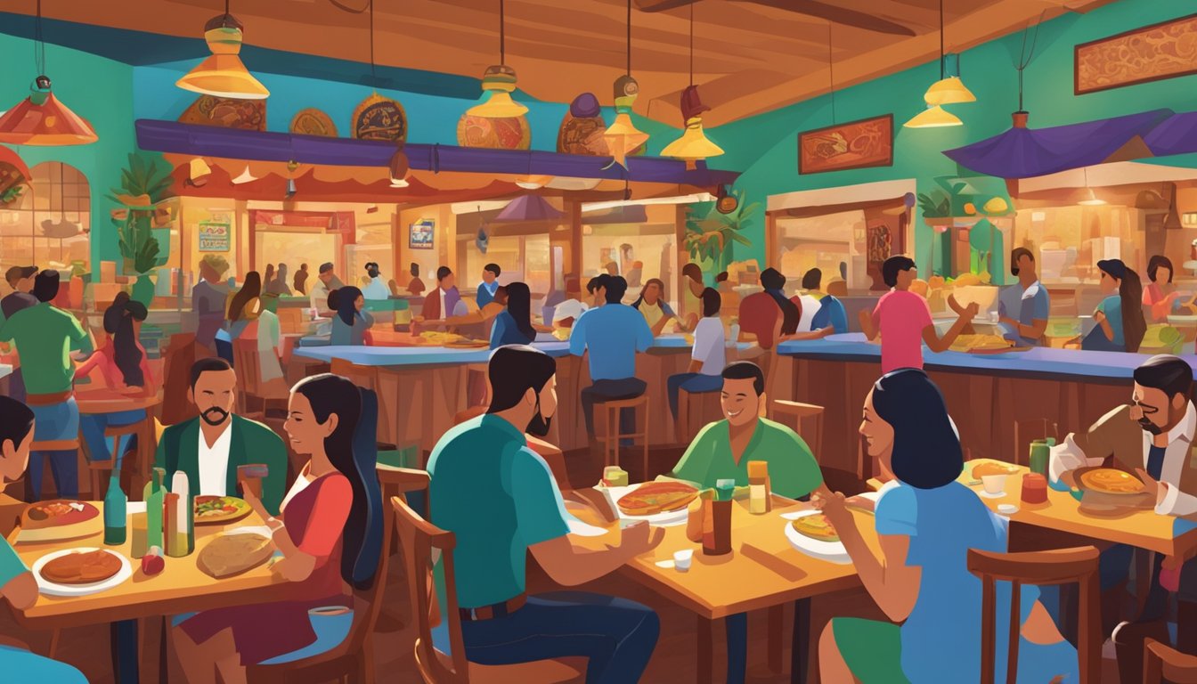 A bustling Tex-Mex restaurant with colorful decor, sizzling fajitas, and a mariachi band playing in the background