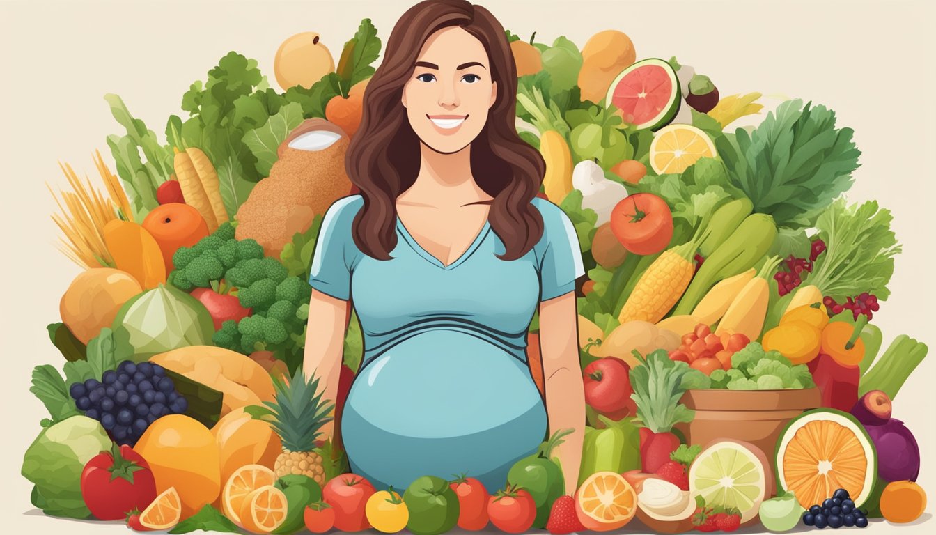 A pregnant woman surrounded by a variety of healthy food options, including fruits, vegetables, lean proteins, and whole grains