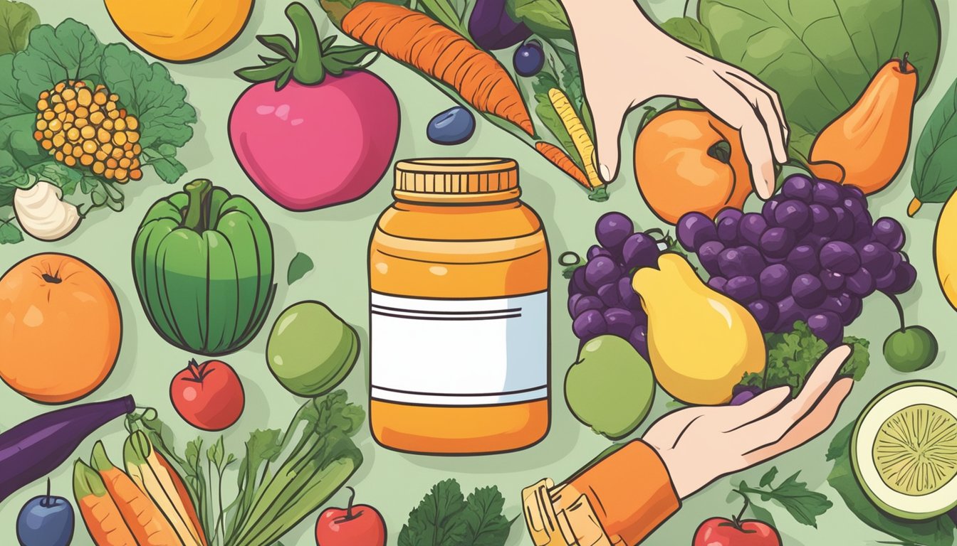 A pregnant woman's hand reaching for a bottle of prenatal supplements, surrounded by various fruits and vegetables