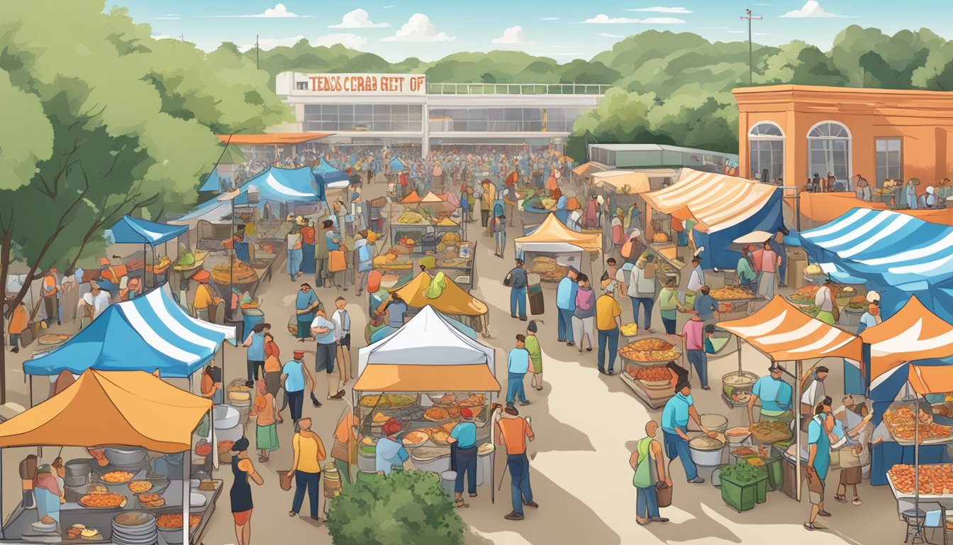 A bustling outdoor festival with colorful food booths, chefs cooking, and crowds sampling dishes. A banner reads "Texas Crab Festival Cook-off" above the action