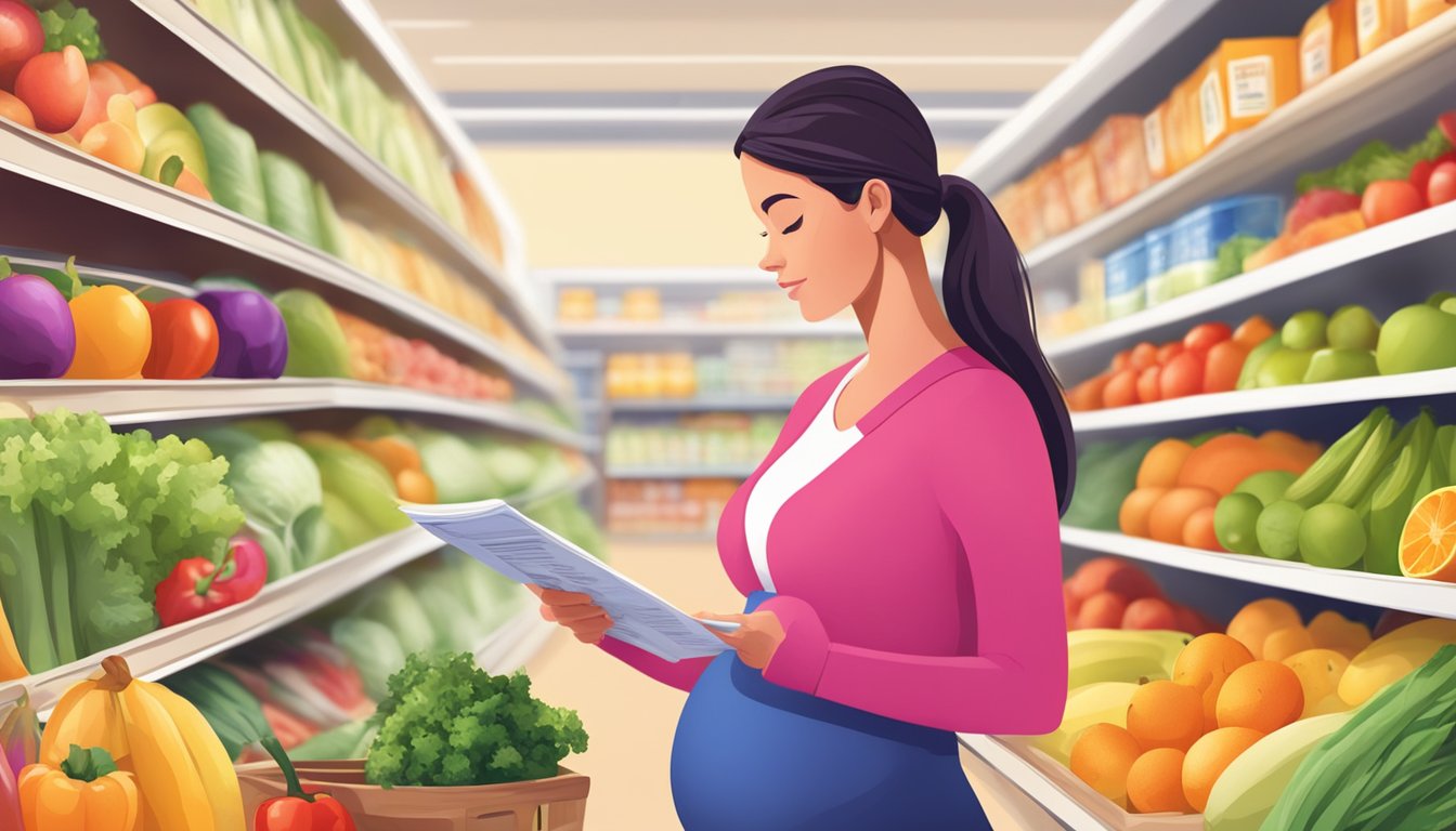 A pregnant woman carefully reads food labels while shopping, surrounded by colorful fruits and vegetables