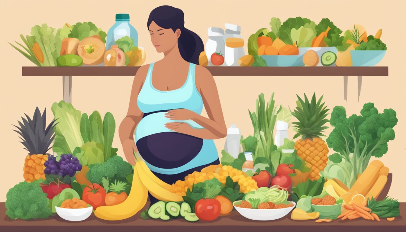 A pregnant woman surrounded by various healthy food options, with a doctor or nutritionist providing guidance and support