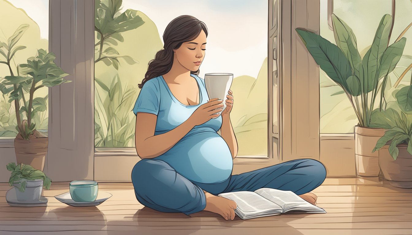 A serene pregnant woman sits cross-legged, sipping a glass of water while reading about the Shangri-La diet. She looks peaceful and contemplative