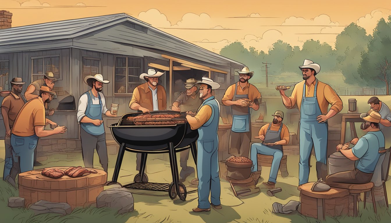 A group of Texans gather around a smoky barbecue pit, enjoying a daily feast of ribs, brisket, and sausage. The scent of sizzling meat fills the air