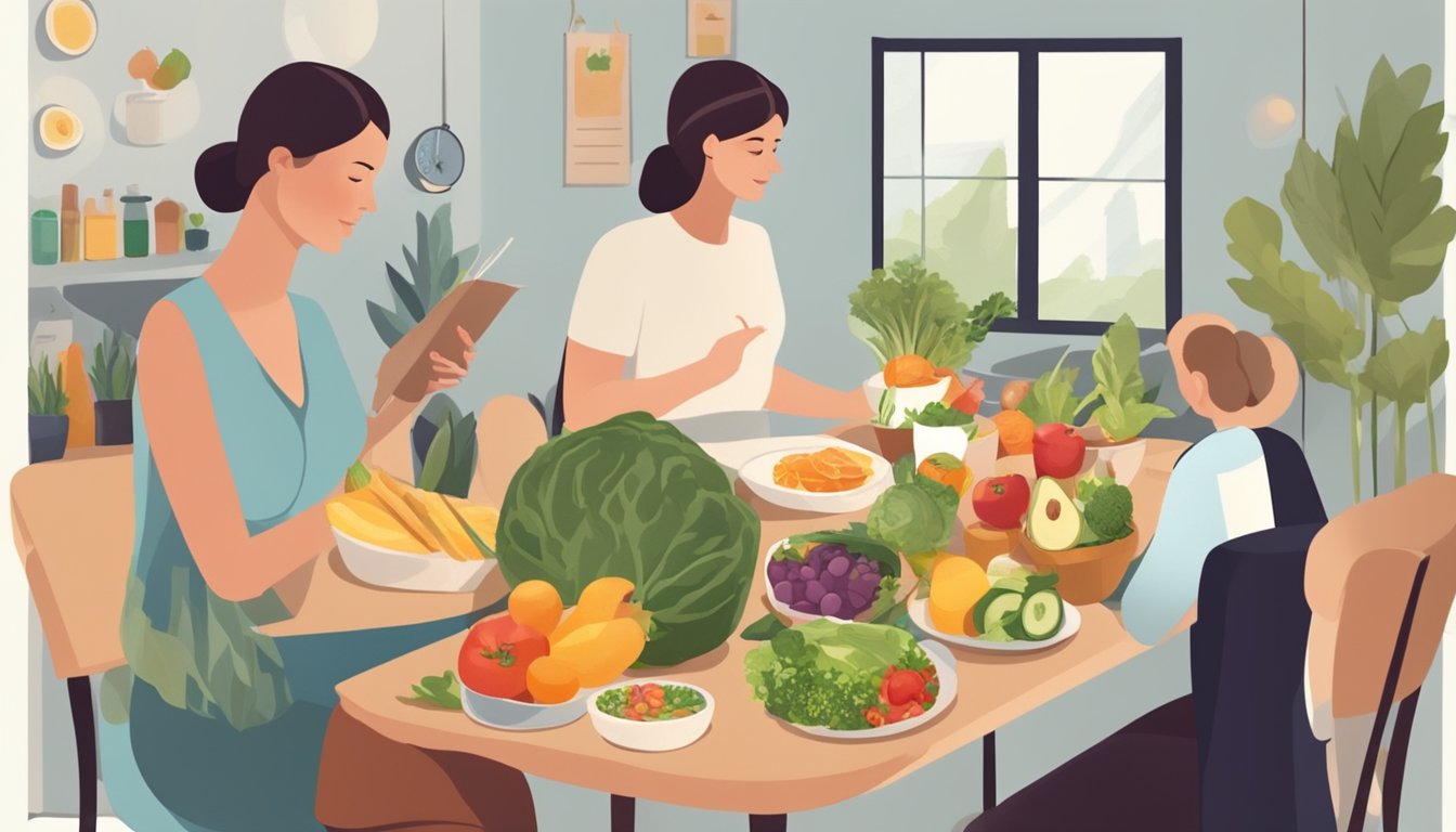 A pregnant woman sitting at a table with a variety of healthy foods and a nutritionist discussing diet planning for prenatal care