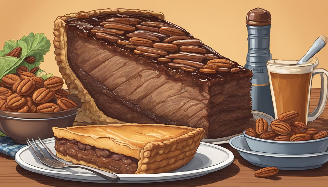 A giant steak dwarfs a tiny cowboy hat, towering over a plate of oversized BBQ ribs and a colossal slice of pecan pie