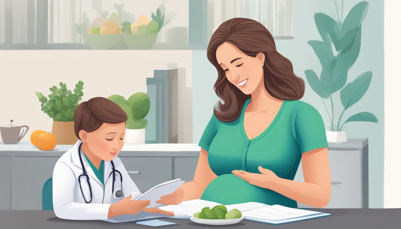 A pregnant woman consulting with a healthcare provider, discussing nutrition and safe practices for maintaining maternal and child health postpartum