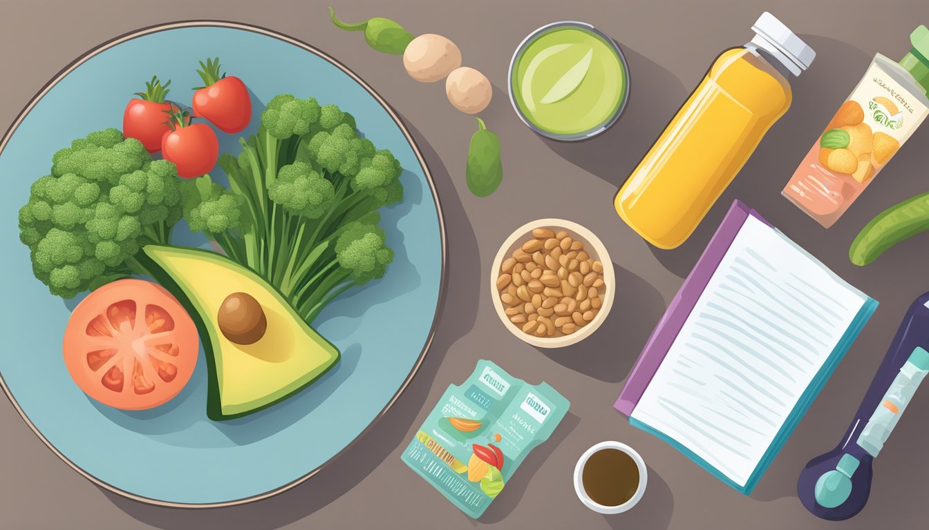 A colorful plate filled with lean proteins, healthy fats, and fresh vegetables sits next to a prenatal vitamin bottle and a pregnancy book