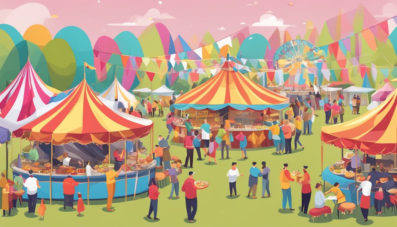 A bustling fairground with colorful tents and banners, showcasing various food competitions. Chefs and attendees mingle, sampling and judging dishes