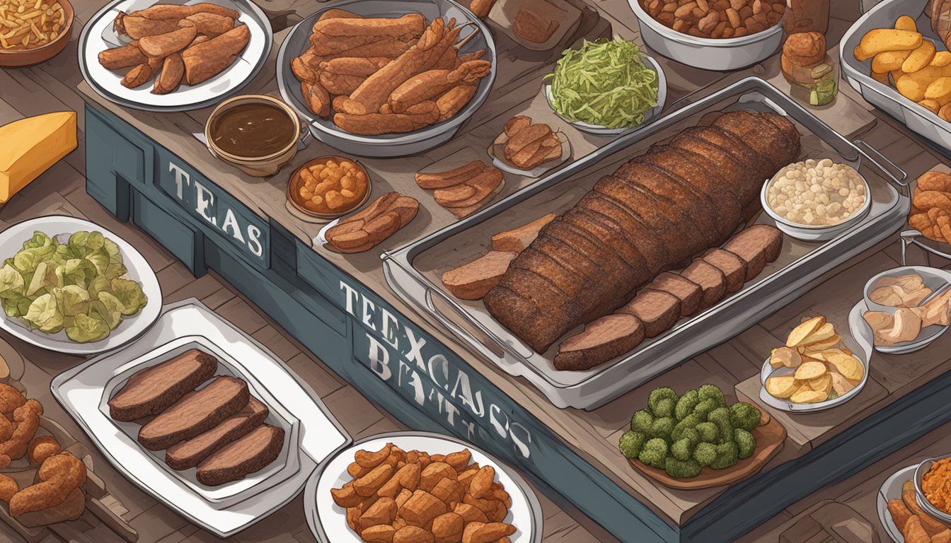 A smoky Texas barbecue pit surrounded by various meats and sides, with a sign debunking common myths about Texas barbecue