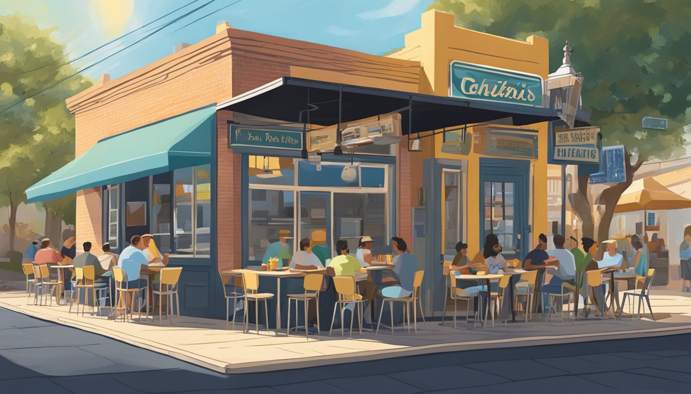 A bustling breakfast joint with a vintage sign, outdoor seating, and a line out the door on a sunny morning in San Antonio