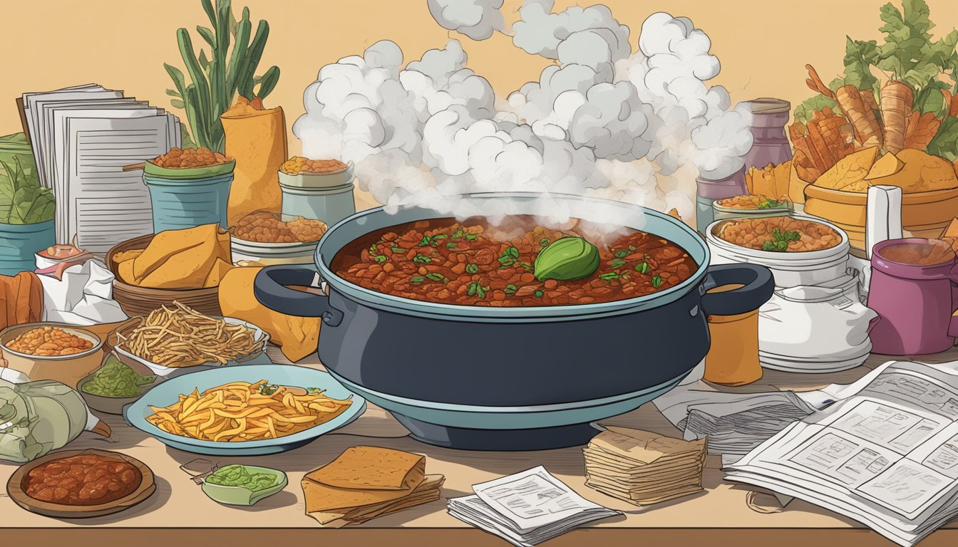 A steaming pot of chili surrounded by various Texan food items, with a stack of myth-busting research papers nearby