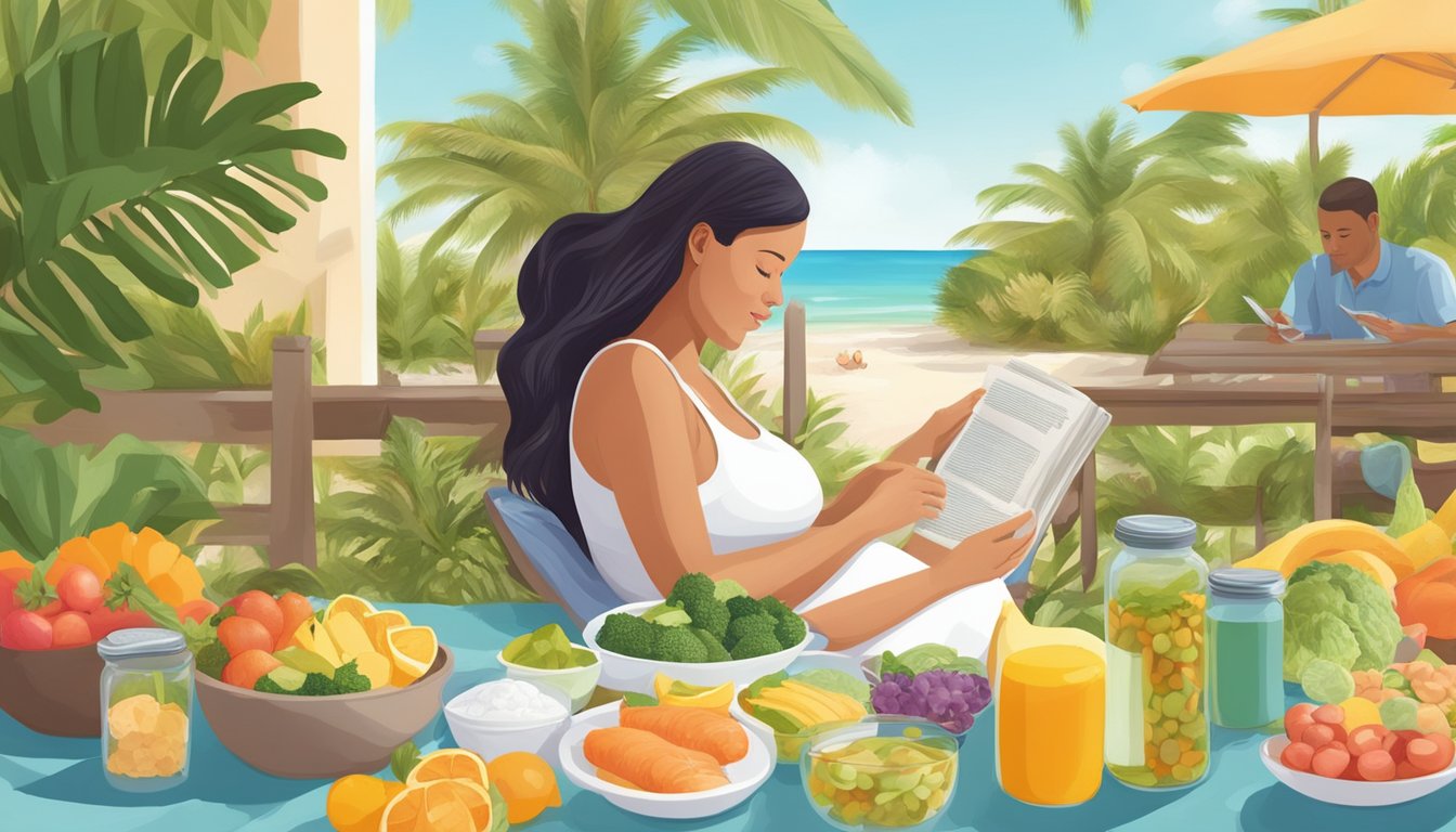 A pregnant woman reading a book on the South Beach Diet while surrounded by prenatal vitamins and healthy food options