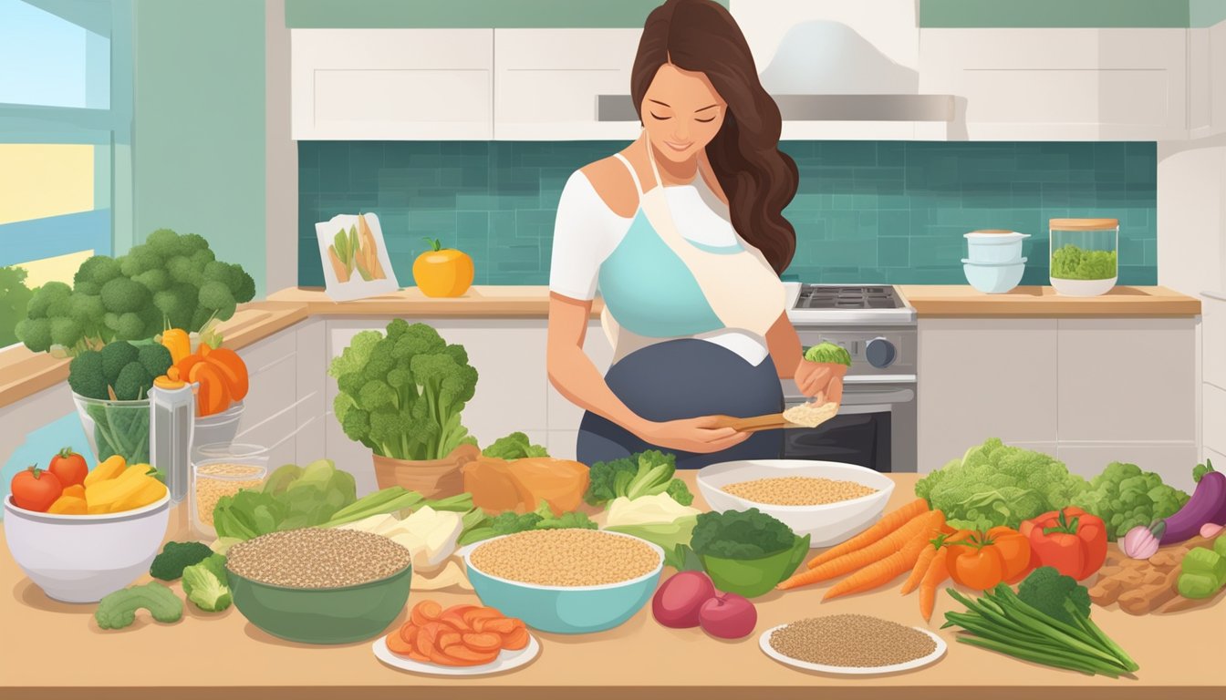 A pregnant woman cooks a balanced meal with lean proteins, whole grains, and plenty of vegetables, following the principles of the South Beach Diet