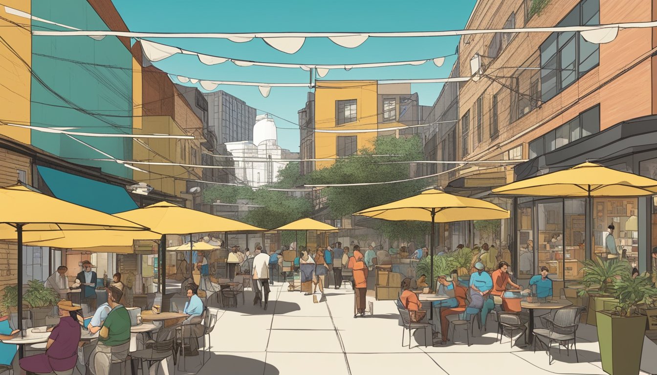 A bustling outdoor patio with colorful umbrellas, surrounded by a mix of modern and vintage buildings, with a sign reading "21st Street Co-Op, Austin" in the background