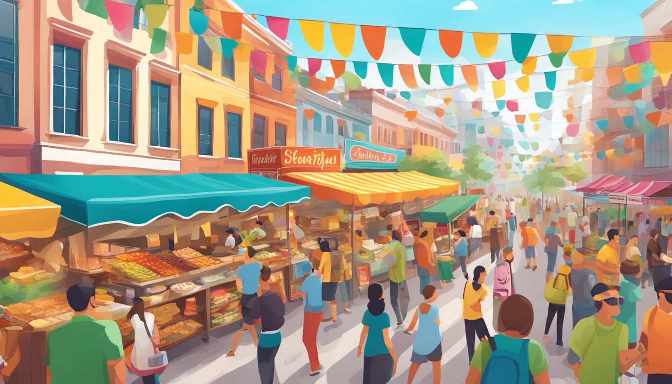 A bustling street lined with food vendors and festival-goers, with colorful banners and a lively atmosphere