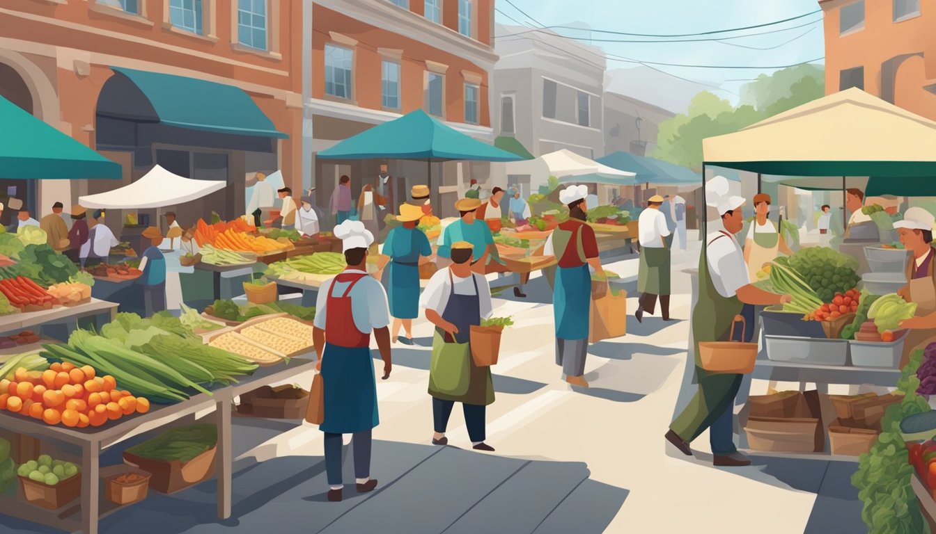 A bustling farmers market with vendors selling fresh produce and local ingredients, while chefs at outdoor cafes prepare farm-to-table breakfast dishes