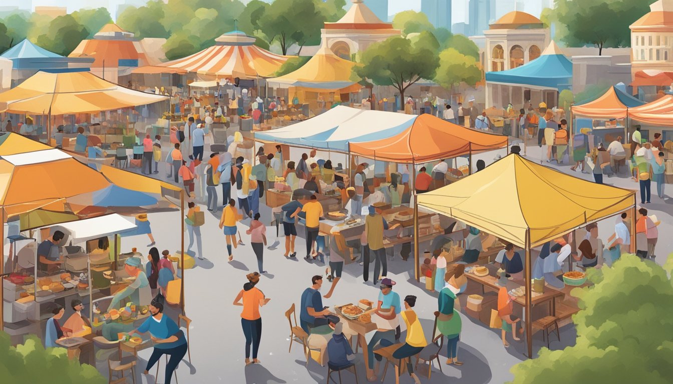 A bustling outdoor food festival with colorful booths, live music, and people enjoying a variety of Texas cuisine